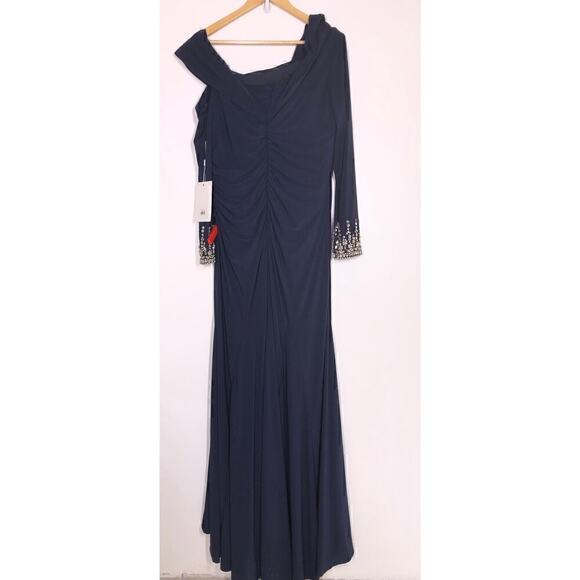 Mac Duggal 12231 Dress Beaded Cuff Drop Shoulder Faux Wrap Gown Midnight… - Picture 11 of 15